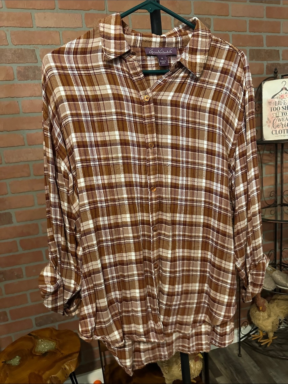 Gloria Vanderbilt Brown and White Plaid Button-Down Shirt